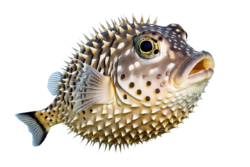 Pufferfish, high quality stock photo, full body view, isolated against a pure white background, sharp focus, detailed texture of skin visible, natural light, vivid colors, ultra clear