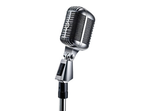 Microphone, full-body isolation against stark white background, portrays opulence with natural light highlighting sleek design, silver metal grille reflecting subtle glow, in high-resolution