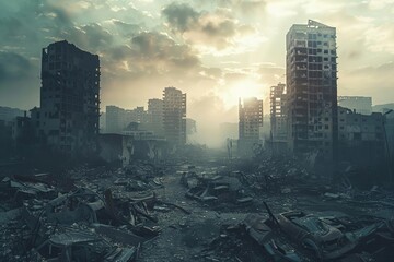 Post-apocalyptic cityscape showing the aftermath of a disaster With desolate buildings and a sense of survival among the ruins