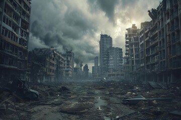 Post-apocalyptic cityscape showing the aftermath of a disaster With desolate buildings and a sense of survival among the ruins