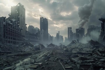 Post-apocalyptic cityscape with crumbling buildings and desolation Invoking themes of survival Dystopia And the resilience of the human spirit - obrazy, fototapety, plakaty