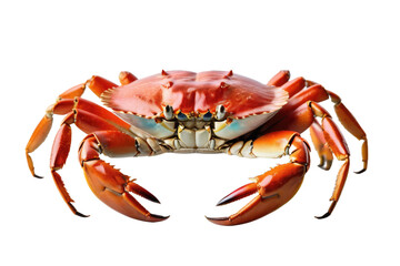 Single crab, full body, isolated on a white backdrop, high-key lighting, prominently centered, its reddish-orange carapace contrasting with the pristine background, claws poised symmetrically