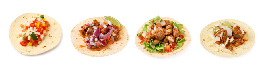 Different delicious tacos isolated on white, set