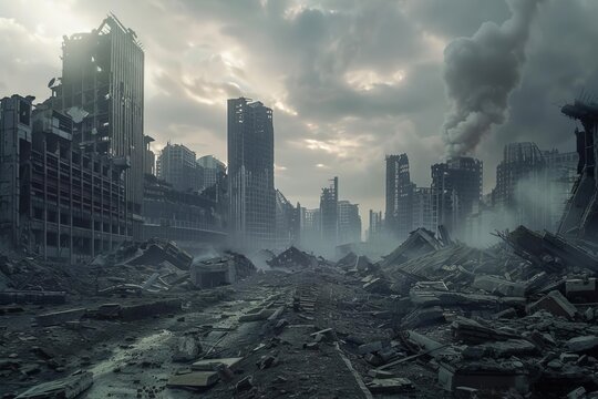 Post-apocalyptic cityscape with crumbling buildings and desolation Invoking themes of survival Dystopia And the resilience of the human spirit