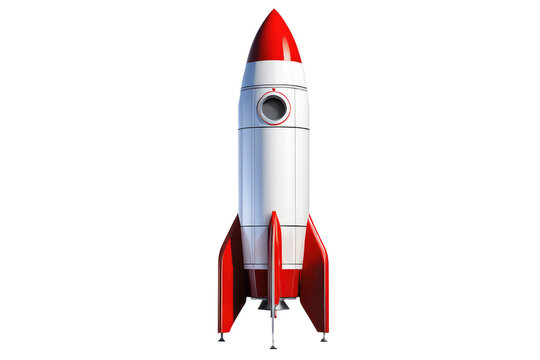 Single rocket, full body, high-resolution stock photo, isolated against a pure white background, sharp focus, neutral lighting, capturing the entire form from base to nose cone, soft shadows