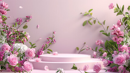 Podium background flower rose product pink spring table. Garden rose floral summer background podium cosmetic valentine easter field scene gift purple day romantic - obrazy, fototapety, plakaty