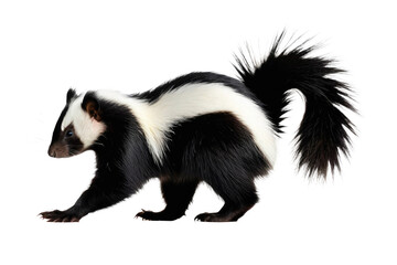 Fototapeta premium Skunk with glossy black fur and prominent white stripes, poised, tail elevated, on a flawless white background, studio lighting, high-resolution stock photo, ample space for text, natural pose