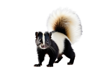 Skunk with glossy black fur and prominent white stripes, poised, tail elevated, on a flawless white background, studio lighting, high-resolution stock photo, ample space for text, natural pose