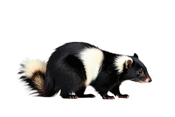 Fototapeta premium Skunk with glossy black fur and prominent white stripes, poised, tail elevated, on a flawless white background, studio lighting, high-resolution stock photo, ample space for text, natural pose