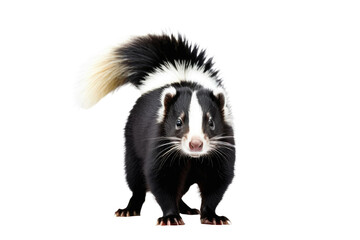 Skunk with glossy black fur and prominent white stripes, poised, tail elevated, on a flawless white background, studio lighting, high-resolution stock photo, ample space for text, natural pose