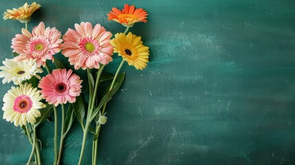 Flat lay composition with flowers on green chalkboard. Teacher's day, copy space - generative ai