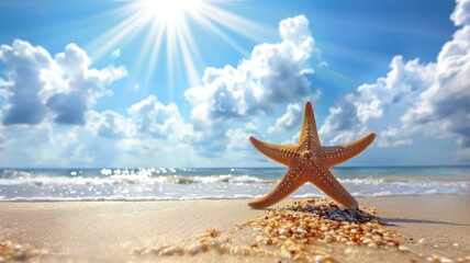 Fototapeta na wymiar Starfish on a sunny beach layout - A serene starfish lies on the shoreline with glistening sea and radiant sun in the skyscape