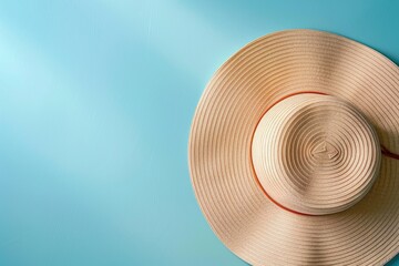 Straw hat on teal background with shadow - A top view of a classic straw hat with a red ribbon detail on a crisp teal backdrop, evoking feelings of summer
