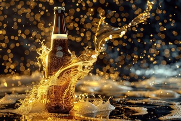 A bottle of beer with A beautiful viscous golden liquid beer swirling. Generative AI. - obrazy, fototapety, plakaty