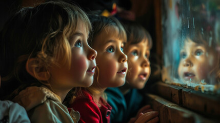 A group of children engrossed in a puppet show their faces reflecting awe and wonder.