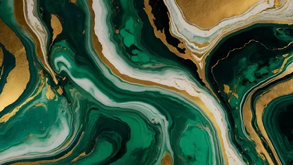 Foto op Plexiglas luxuriously marbled background of green and gold abstract texture, reminiscent of liquid ink paint, sets the stage for the primary subject of this image: a swirling, opulent pattern resembling the nat © Wonder Fix
