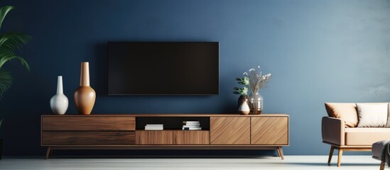 Modern living room interior with TV cabinet against dark blue wall