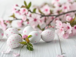 Fototapeta premium White happy easter eggs with Sakura blossom flower on white wood spring background. Close up.