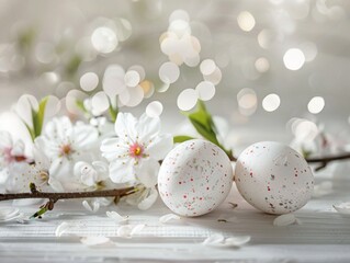 White happy easter eggs with Sakura blossom flower on white wood spring background. Close up.