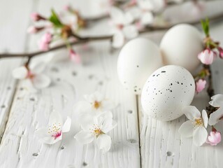 White happy easter eggs with Sakura blossom flower on white wood spring background. Close up.