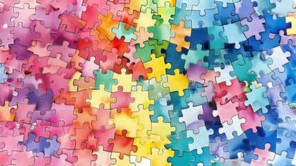 Colorful interlocked puzzle pieces with watercolor texture, symbolizing connection and diversity. - obrazy, fototapety, plakaty
