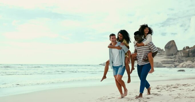 Piggyback, summer and friends walking on beach together for travel, holiday or vacation at tropical coast. Happy, smile or race and group of young men and women bonding by ocean or sea for getaway