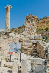 Ephesus, Turkiye; Sept. 6,2023: A single column remains upright in an ancient site under a bright...