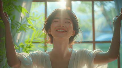 Joyful Young Woman Enjoying Sunlight Indoors