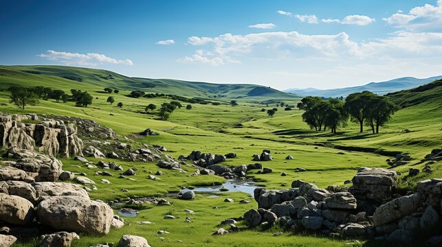 Beautiful landscape of grassland with river and mountains in the background