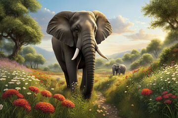 elephant slowly wandering through a sunny meadow scene alive with flowers,  - obrazy, fototapety, plakaty