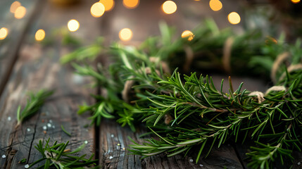 rosemary stems in a wreath shape with soft lighting for a rustic feel - obrazy, fototapety, plakaty