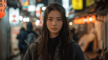 Young Woman Portrait With Urban Night Lights