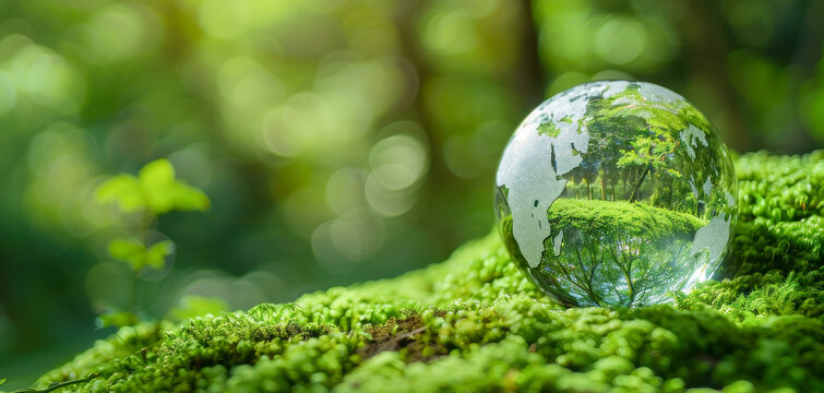A glass sphere is sitting on a green mossy surface. The sphere is reflecting the surrounding environment, creating a sense of depth and harmony. The image conveys a feeling of tranquility