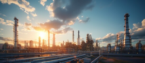 Panorama of oil refinery at sunset with beautiful sky. Panoramic image.