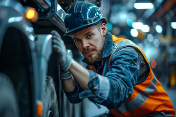 Professional caucasian white ethnicity male technician operating the heavy duty machine in the lathing factory. Technician in safety and helmet suit controlling a machine in factory. - obrazy, fototapety, plakaty