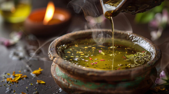 A herbal oil blend bubbling over a low flame used in Ayurvedic oil enemas for promoting deep internal detoxification.