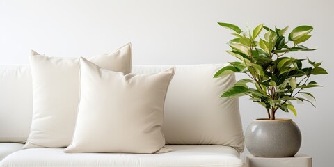 Pillows, sofa, plant vase in living room.
