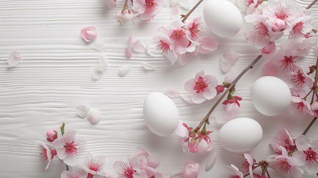Top view of White happy easter eggs with Sakura blossom flower on white wood spring background.