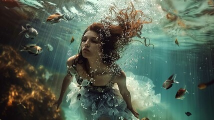 A young woman is submerged underwater surrounded by various fish. She appears serene and is wearing a flowing, light-colored gown that billows around her. Her hair is a rich auburn color, freely float - obrazy, fototapety, plakaty