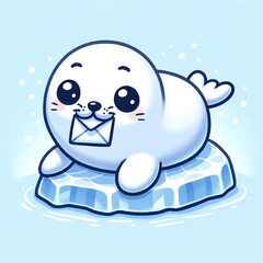 Fototapeta premium Seal with Special Delivery Playful Cartoon Illustration on Ice Floe