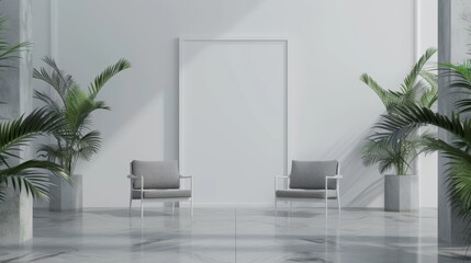 frame mockup in a spacious room with chairs and green plants, 3D render - obrazy, fototapety, plakaty