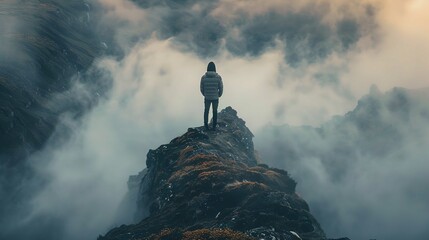 A solitary individual stands atop a rugged mountain peak, overlooking a dramatic landscape shrouded in mist. The person is facing away from the camera, dressed in a puff jacket and jeans, suggesting a