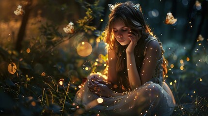 A young woman is sitting in a dark, forested area with faint sunlight filtering through the trees. She is surrounded by illuminated dots and light bokeh, which create a magical atmosphere. The woman i - obrazy, fototapety, plakaty