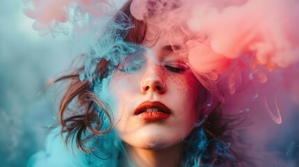 A close-up portrait of a young woman with her eyes closed, partially obscured by swirling pink and blue smoke. The smoke adds a dreamy, ethereal quality to the image. She has fair skin with a sprinkli