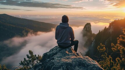 A person is sitting cross-legged on a large rock, gazing at a breathtaking view from a mountain peak. It's either sunrise or sunset, and the sky is painted with hues of orange and blue. Below, a sea o