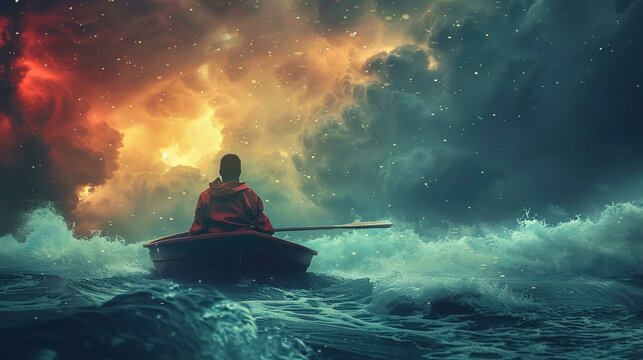 The image features a person in a red jacket sitting in a small wooden rowboat in the midst of turbulent, dark blue ocean waves. The individual is seen from behind, holding onto the oars which are part