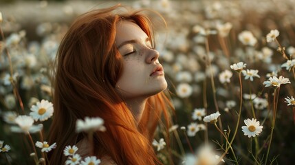 A woman with long auburn hair is standing amidst a field of daisies, her face titled upwards and her eyes gently closed. The glow of the golden hour casts a warm light on her, highlighting the freckle - obrazy, fototapety, plakaty