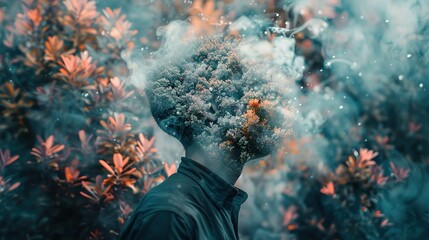 The image features a creative concept where the head of a person is merged with a cluster of colorful foliage, creating an illusion of the head being made of or vanishing into the leaves and branches.