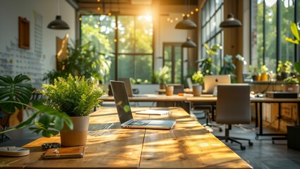 Contemporary eco-friendly office, minimalist design, paperless environment, employees engaged in sustainable practices