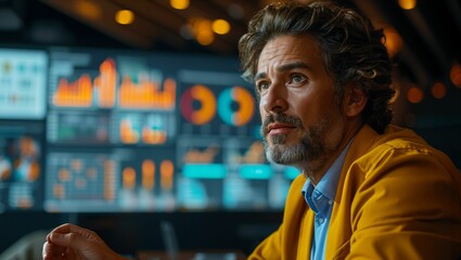 High-energy office meeting, team using interactive digital whiteboard, collaborative technology in use